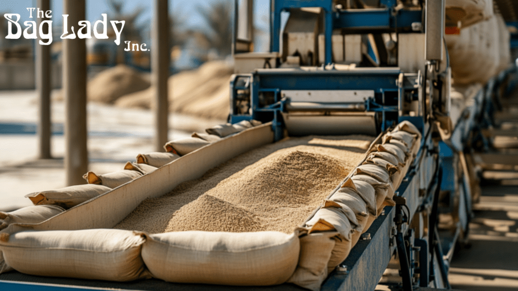 A sandbagging filling machine operating outdoors, filling sandbags with sand.