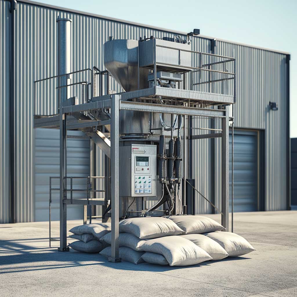 An automated sandbag filling machine in operation outdoors.