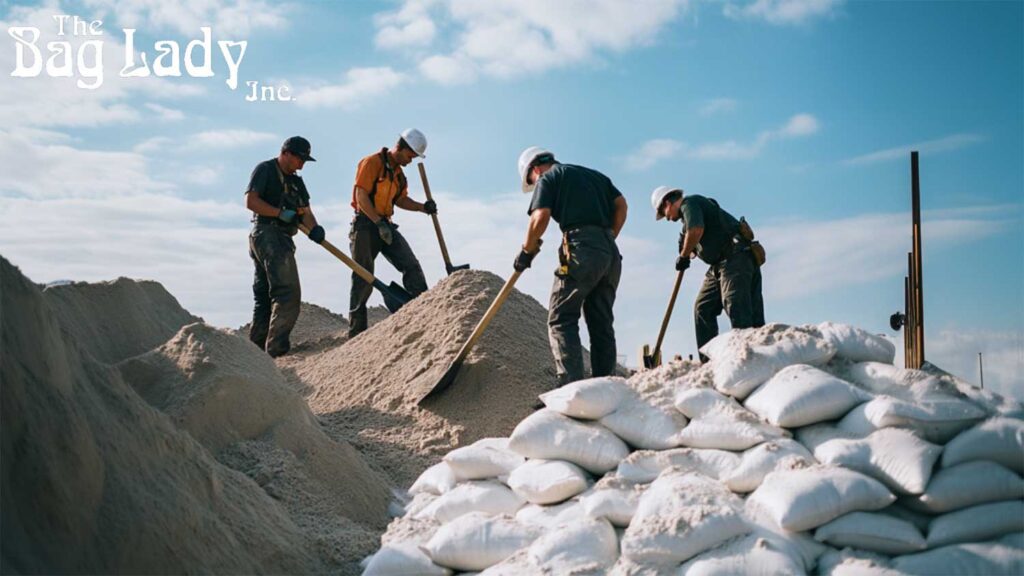 Workers manually filling sandbags using shovels and teamwork.