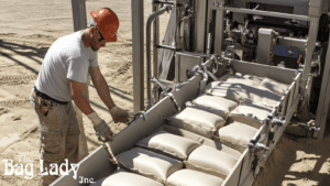 Automated bagging line producing filled bags on a conveyor.